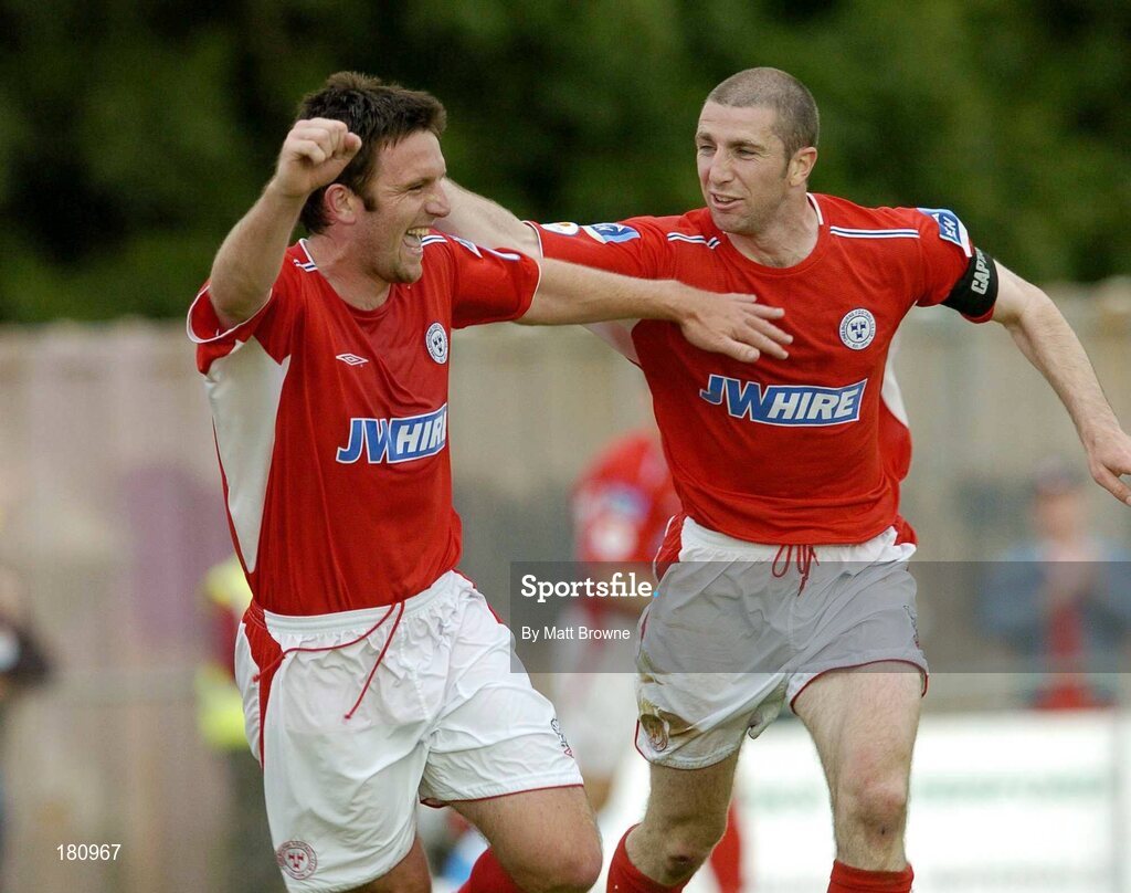 24 June 2005; Stuart Byrne, left, Shelbourne, is congratulated by team-mate Owen Heary after scoring Shelbourns second goal against Waterford United. eircom League, Premier Division, Waterford United v Shelbourne, Waterford RSC, Waterford. Picture credit; Matt Browne / SPORTSFILE