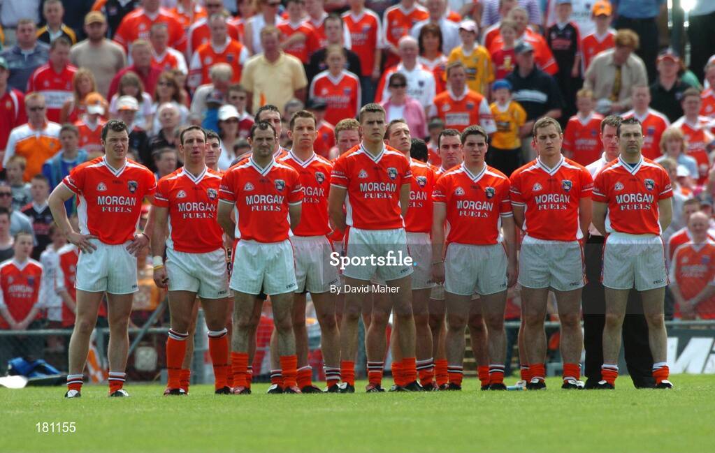 26 June 2005; Armagh team stand for the national anthem. Bank of Ireland Ulster Senior Football Championship Semi-Final, Armagh v Derry, Casement Park, Belfast. Picture Credit; David Maher / SPORTSFILE