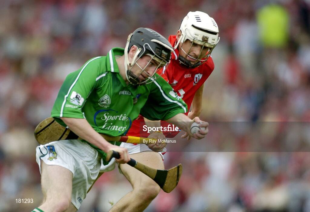 26 June 2005; Diarmuid O'Sullivan, Limerick, in action against Ger O'Driscoll, Cork. Munster Minor Hurling Championship Final, Cork v Limerick, Pairc Ui Chaoimh, Cork. Picture Credit; Ray McManus / SPORTSFILE
