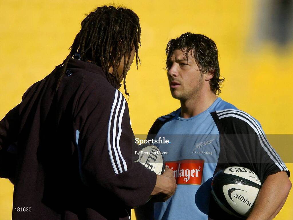 1 July 2005; New Zealand captain Tana Umaga, left, in conversation with scrum-half Byron Kelleher. New Zealand Captain's Run, Westpac Stadium, Wellington, New Zealand. Picture credit; Brendan Moran / SPORTSFILE