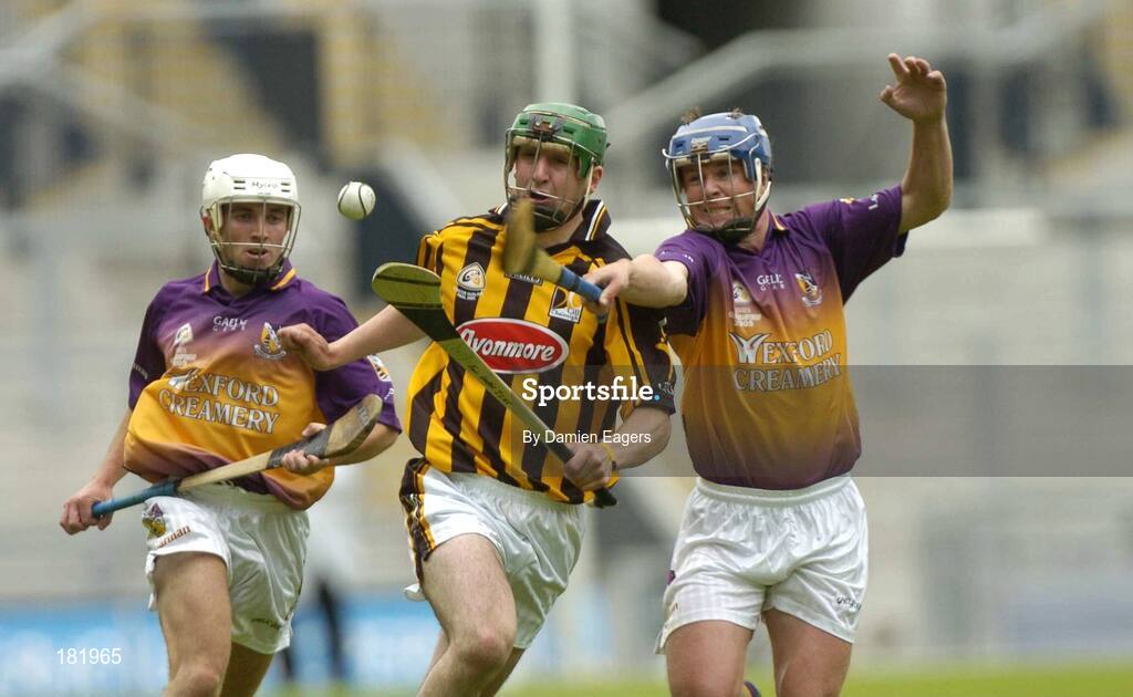 3 July 2005; Eoin Larkin, Kilkenny, in action against Malachy Travers, right and Des Mythen, Wexford. Guinness Leinster Senior Hurling Championship Final, Kilkenny v Wexford, Croke Park, Dublin. Picture credit; Damien Eagers / SPORTSFILE