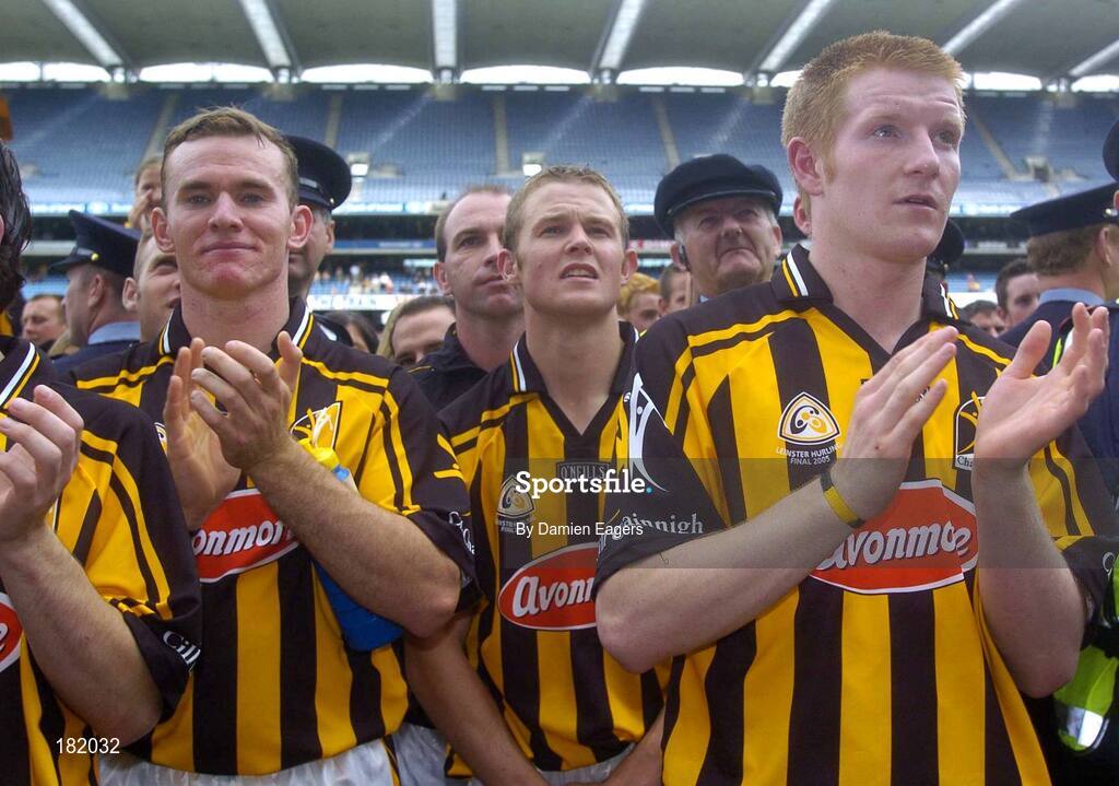 3 July 2005; Kilkenny players, from left to right, Noel Hickey, Tommy Walsh and Richie Power applaud captain Peter Barry, Guinness Leinster Senior Hurling Championship Final, Kilkenny v Wexford, Croke Park, Dublin. Picture credit; Damien Eagers / SPORTSFILE
