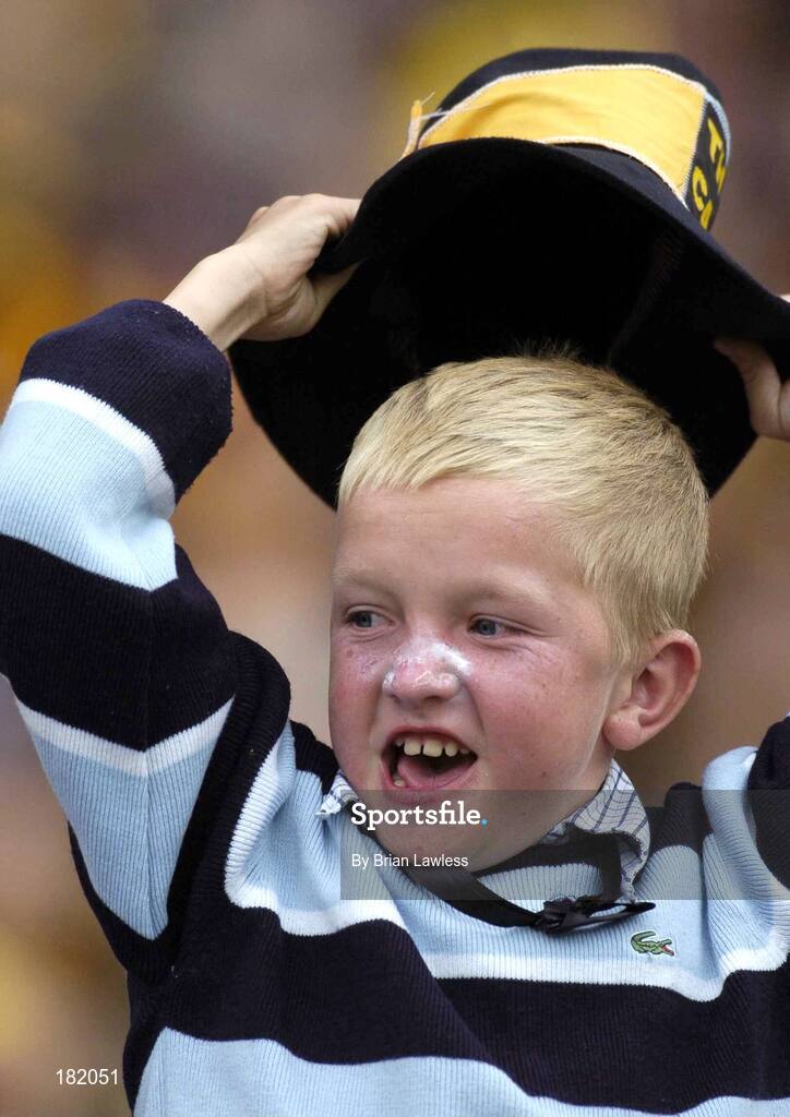 3 July 2005; A young Kilkenny fan celebrates during the match. Guinness Leinster Senior Hurling Championship Final, Kilkenny v Wexford, Croke Park, Dublin. Picture credit; Brian Lawless / SPORTSFILE