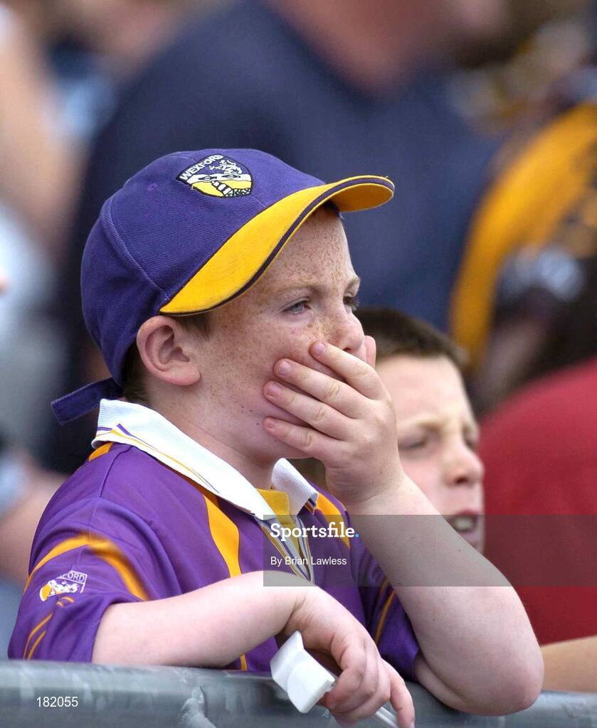 3 July 2005; A young Wexford fan watches the dying minutes of the match. Guinness Leinster Senior Hurling Championship Final, Kilkenny v Wexford, Croke Park, Dublin. Picture credit; Brian Lawless / SPORTSFILE