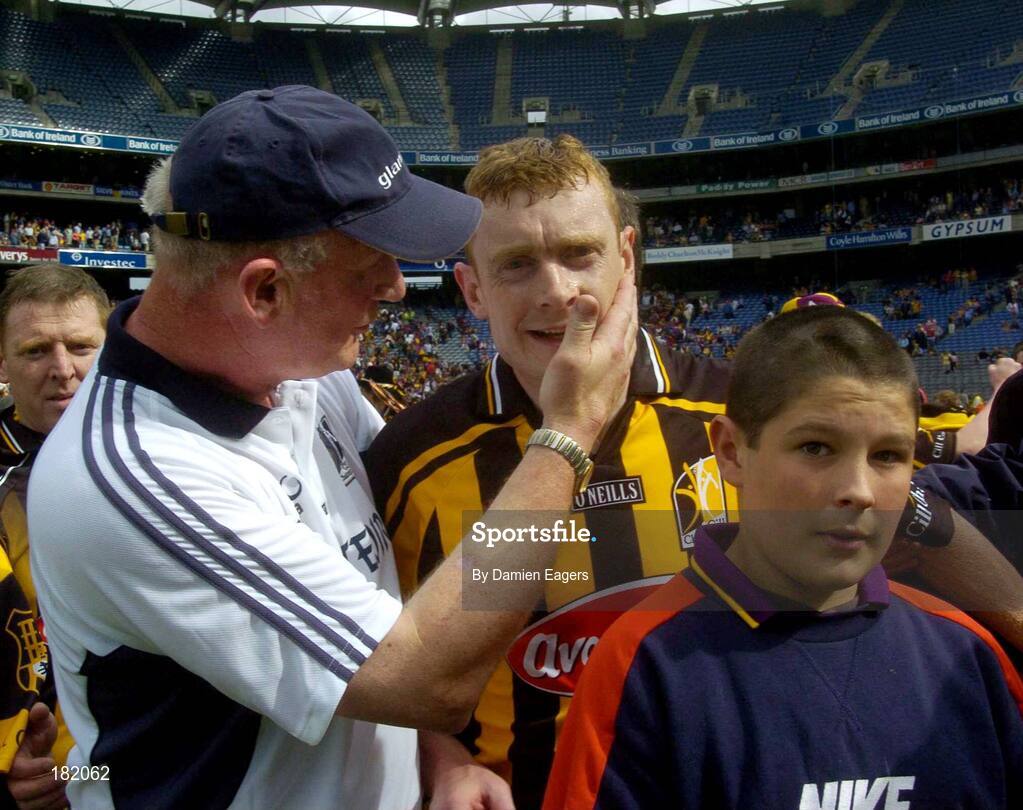 3 July 2005; Brian Cody, Kilkenny manager congratulates captain Peter Barry at the end of the match. Guinness Leinster Senior Hurling Championship Final, Kilkenny v Wexford, Croke Park, Dublin. Picture credit; Damien Eagers / SPORTSFILE