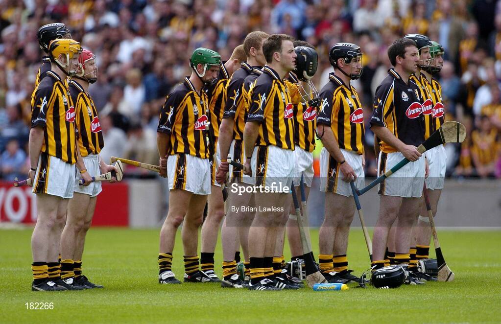 3 July 2005; The Kilkenny team stand for the National Anthem before the match. Guinness Leinster Senior Hurling Championship Final, Kilkenny v Wexford, Croke Park, Dublin. Picture credit; Brian Lawless / SPORTSFILE