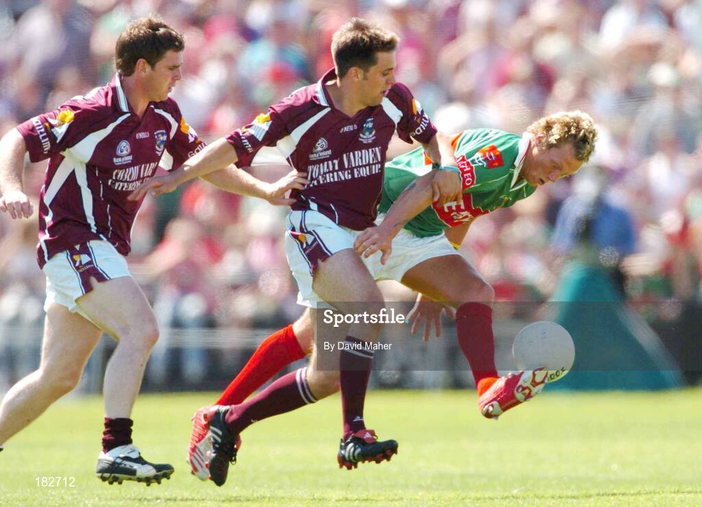 10 July 2005; Ciaran McDonald, Mayo, in action against Paul Clancy, left and Matthew Clancy, Galway. Bank of Ireland Connacht Senior Football Championship Final, Galway v Mayo, Pearse Stadium, Galway. Picture credit; David Maher / SPORTSFILE