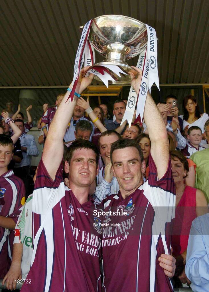 10 July 2005; Galway captain Padraic Joyce, right, lifts the Nestor Cup with team-mate Paul Clancy at the end of the game. Bank of Ireland Connacht Senior Football Championship Final, Galway v Mayo, Pearse Stadium, Galway. Picture credit; David Maher / SPORTSFILE