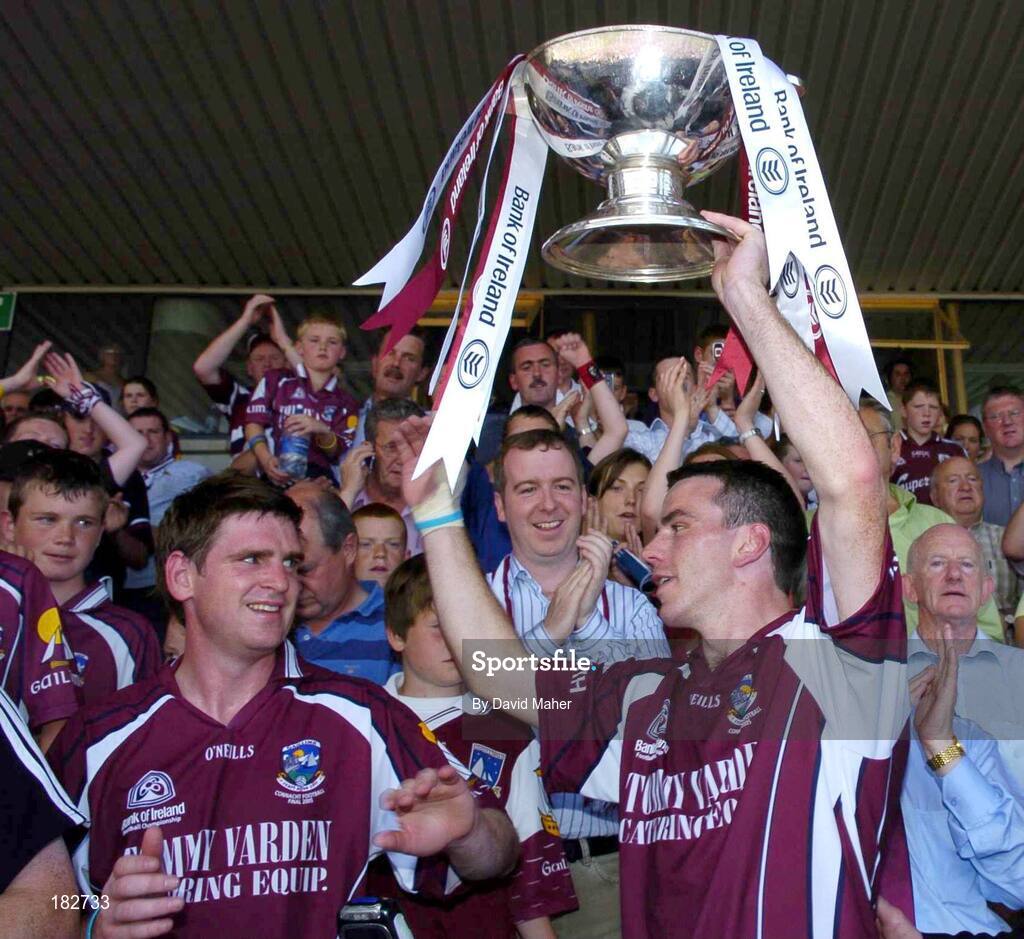 10 July 2005; Galway captain Padraic Joyce, right, lifts the Nestor Cup with team-mate Paul Clancy at the end of the game. Bank of Ireland Connacht Senior Football Championship Final, Galway v Mayo, Pearse Stadium, Galway. Picture credit; David Maher / SPORTSFILE