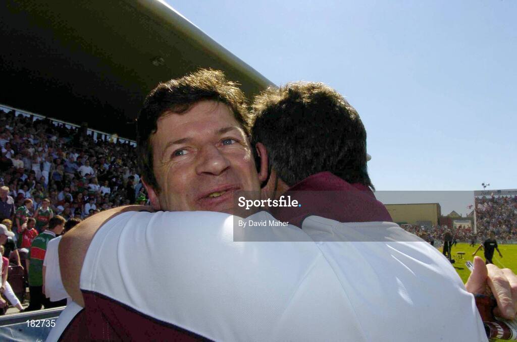 10 July 2005; Galway manager Peter Ford, left, celebrates at the end of the game with his selector Ciaran O'Flatharta after victory over Mayo. Bank of Ireland Connacht Senior Football Championship Final, Galway v Mayo, Pearse Stadium, Galway. Picture credit; David Maher / SPORTSFILE