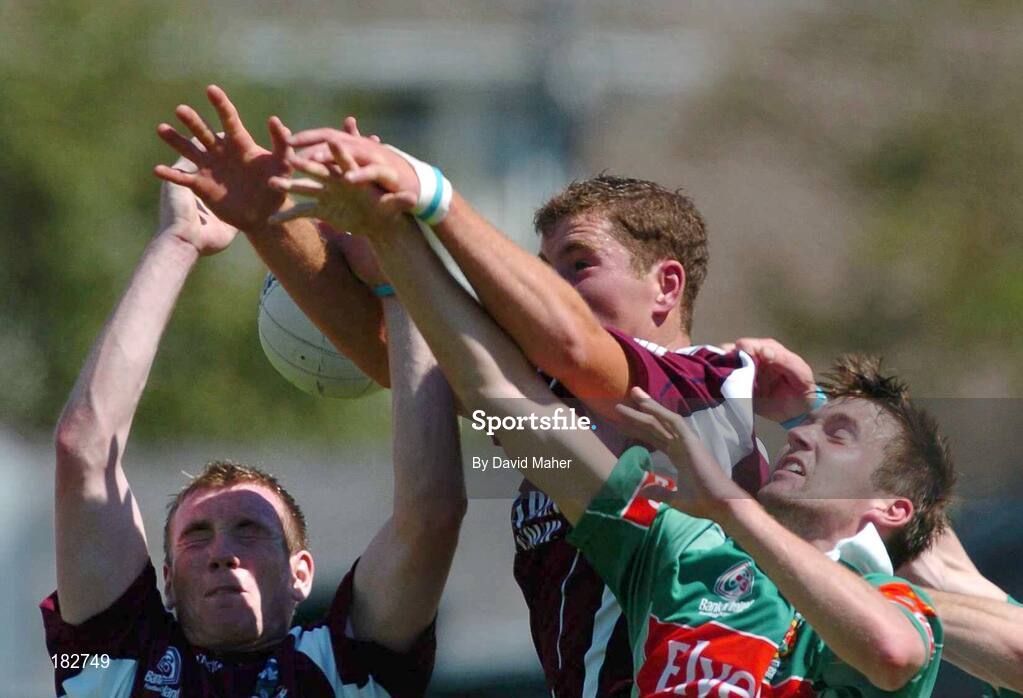 10 July 2005; Niall Coleman, left, and Michael Donnellan, Galway, in action against Ronan McGarrity, Mayo. Bank of Ireland Connacht Senior Football Championship Final, Galway v Mayo, Pearse Stadium, Galway. Picture credit; David Maher / SPORTSFILE