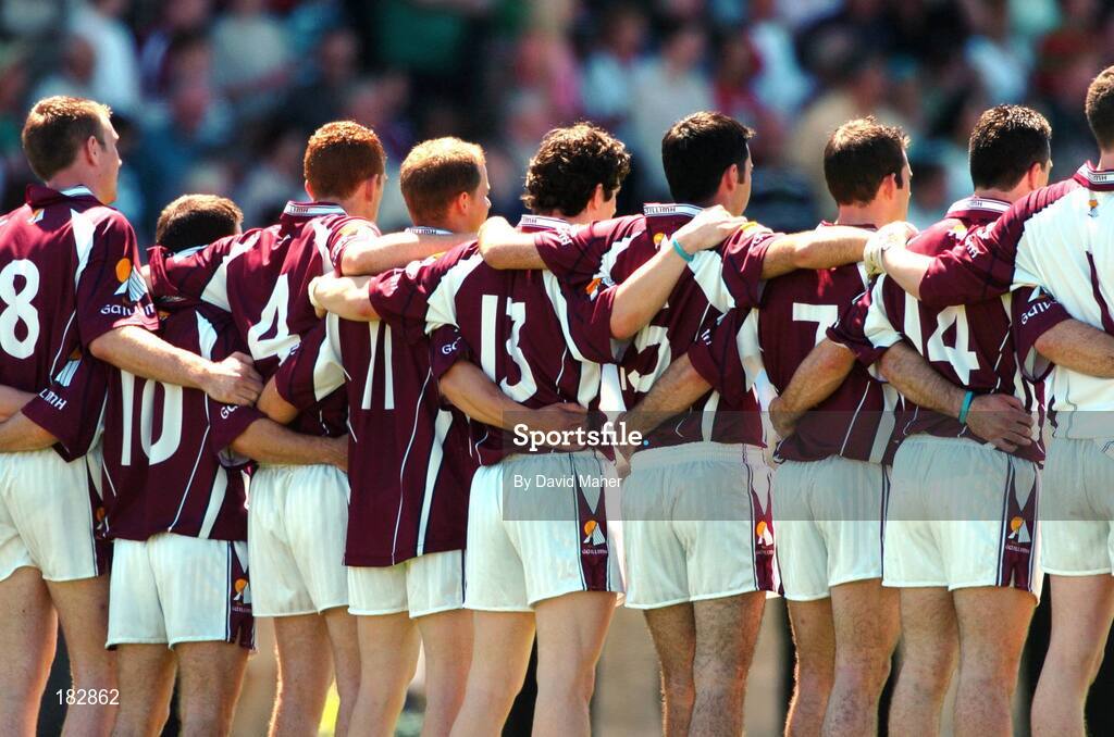 10 July 2005; Players from the Galway team stand for the national anthem before the start of the game. Bank of Ireland Connacht Senior Football Championship Final, Galway v Mayo, Pearse Stadium, Galway. Picture credit; David Maher / SPORTSFILE