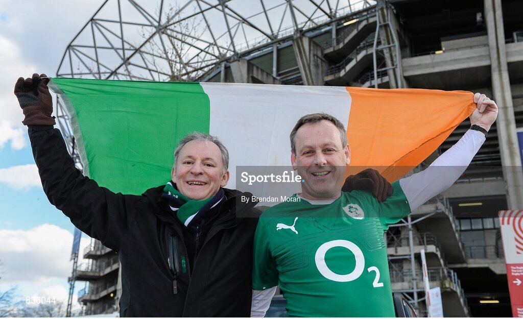 22 February 2014; Ireland supporters Jack Durcan, left, from Malahide, Dublin and Donal Mulcahy, from Sutton, Co. Dublin, at the game. RBS Six Nations Rugby Championship, England v Ireland. Twickenham Stadium, Twickenham, London, England. Picture credit: Brendan Moran / SPORTSFILE