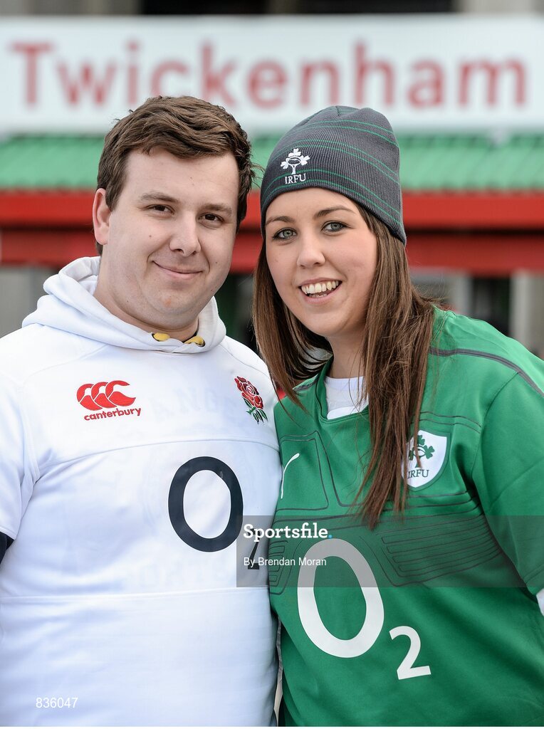 22 February 2014; England supporter Joe Andrews, left, from Essex, England, with Ireland supporter Emma Mitchell, Nenagh, Co. Tipperary, at the game. RBS Six Nations Rugby Championship, England v Ireland. Twickenham Stadium, Twickenham, London, England. Picture credit: Brendan Moran / SPORTSFILE
