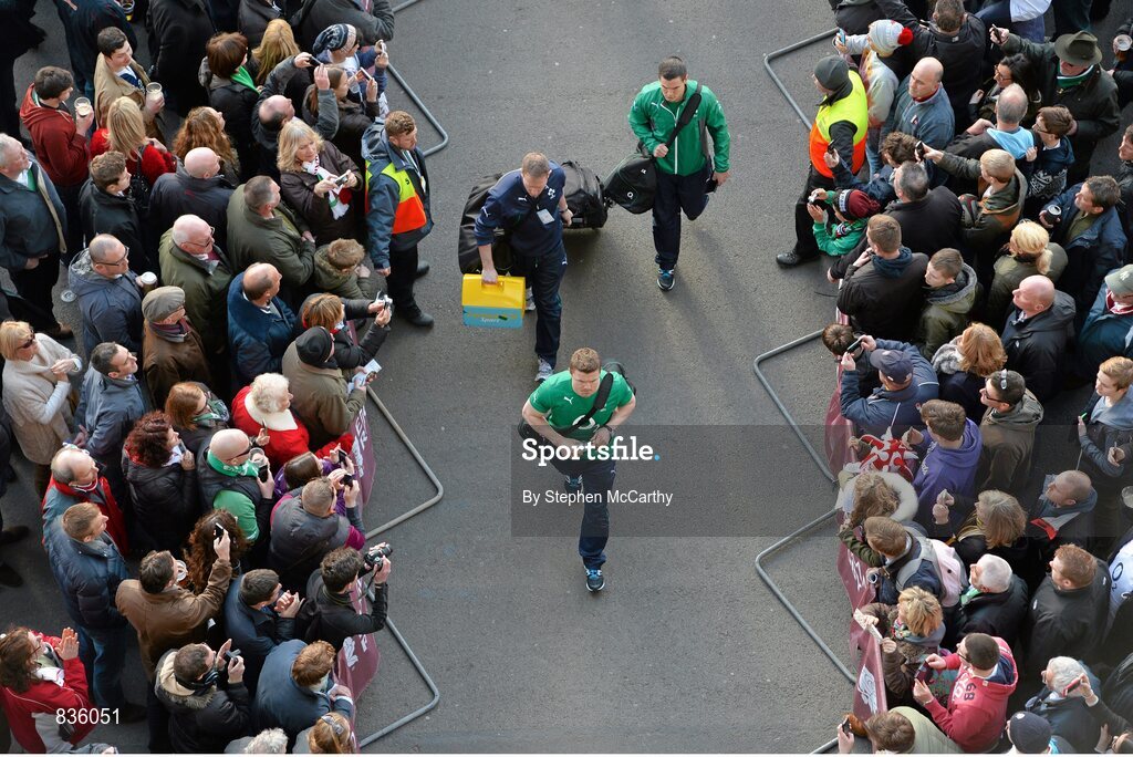 22 February 2014; Ireland's Brian O'Driscoll and Jonathan Sexton arrive ahead of the game. RBS Six Nations Rugby Championship, England v Ireland, Twickenham Stadium, Twickenham, London, England. Picture credit: Stephen McCarthy / SPORTSFILE