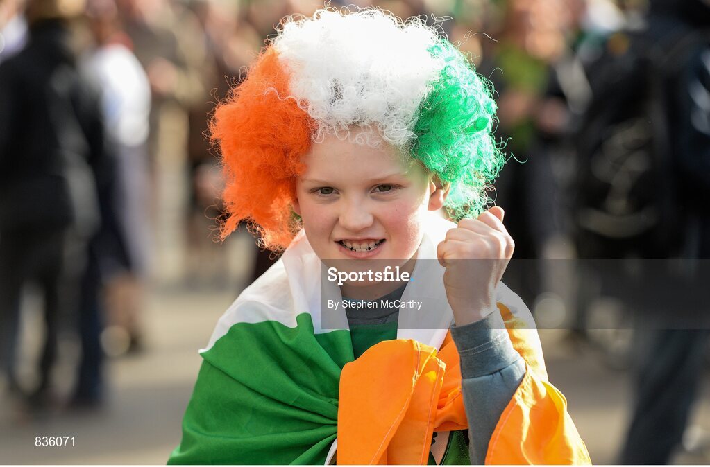 22 February 2014; Ireland supporter Ben Everard, age 9, from Clonmel, Co. Tipperary. RBS Six Nations Rugby Championship, England v Ireland, Twickenham Stadium, Twickenham, London, England. Picture credit: Stephen McCarthy / SPORTSFILE