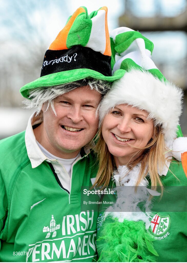 22 February 2014; Ireland supporters Fergal and Eimer O'Keeffe, from Clonmel, Co. Tipperary, at the game. RBS Six Nations Rugby Championship, England v Ireland. Twickenham Stadium, Twickenham, London, England. Picture credit: Brendan Moran / SPORTSFILE