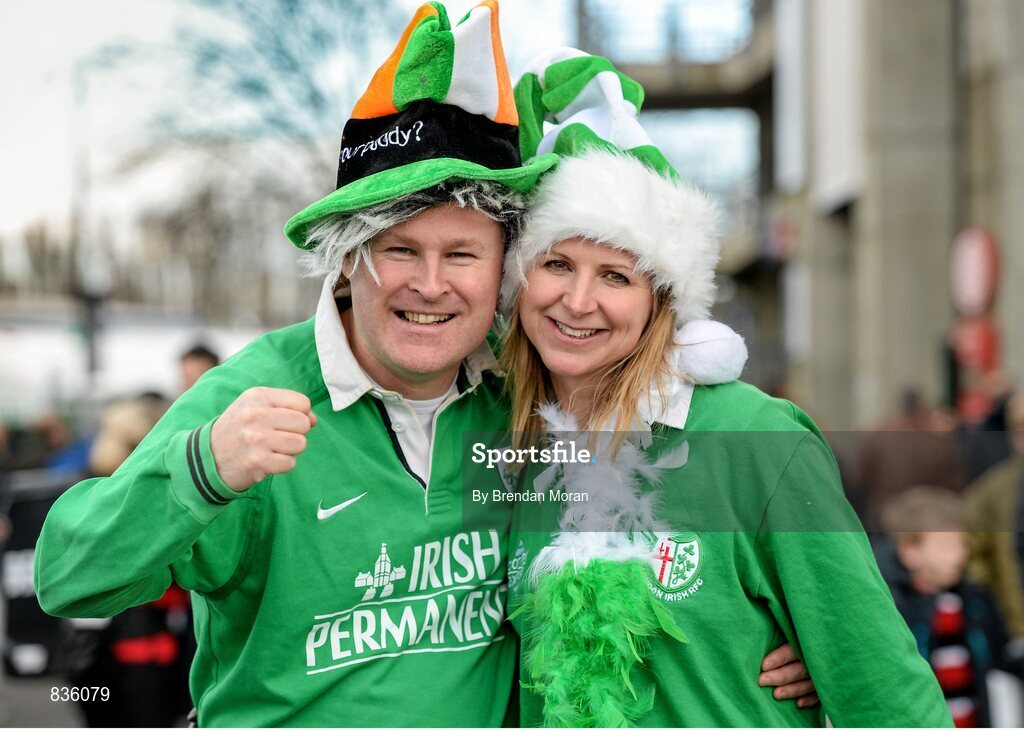 22 February 2014; Ireland supporters Fergal and Eimer O'Keeffe, from Clonmel, Co. Tipperary, at the game. RBS Six Nations Rugby Championship, England v Ireland. Twickenham Stadium, Twickenham, London, England. Picture credit: Brendan Moran / SPORTSFILE