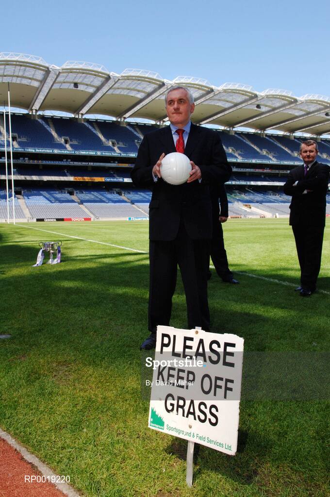 11 July 2005; An Taoiseach, Bertie Ahern TD, waits for the start of a photocall at the launch of the 2005 TG4 All-Ireland Ladies Football Championship. Croke Park, Dublin. Picture credit; David Maher / SPORTSFILE
