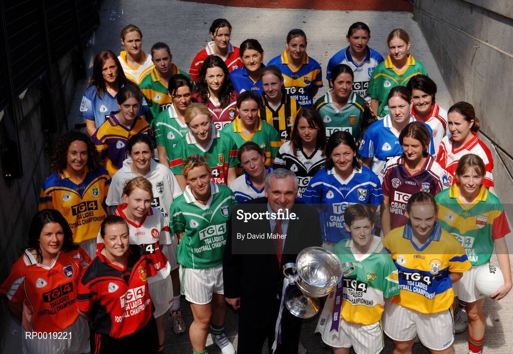 11 July 2005; An Taoiseach, Bertie Ahern TD, with players from all 32 counties at the launch of the 2005 TG4 All-Ireland Ladies Football Championship. Croke Park, Dublin. Picture credit; David Maher / SPORTSFILE