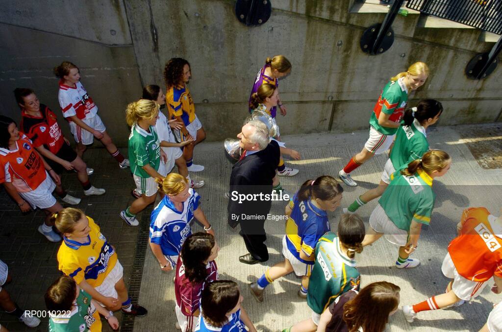 11 July 2005; An Taoiseach, Bertie Ahern TD, with players from various counties at the launch of the 2005 TG4 All-Ireland Ladies Football Championship. Croke Park, Dublin. Picture credit; Damien Eagers / SPORTSFILE