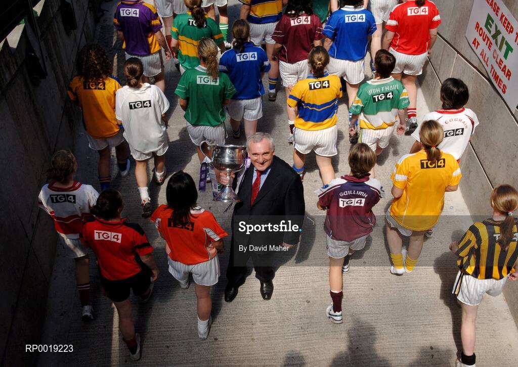 11 July 2005; An Taoiseach, Bertie Ahern TD, with players from various counties at the launch of the 2005 TG4 All-Ireland Ladies Football Championship. Croke Park, Dublin. Picture credit; David Maher / SPORTSFILE