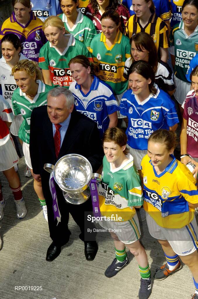 11 July 2005; An Taoiseach, Bertie Ahern TD, with players from the launch of the 2005 TG4 All-Ireland Ladies Football Championship. Croke Park, Dublin. Picture credit; Damien Eagers / SPORTSFILE