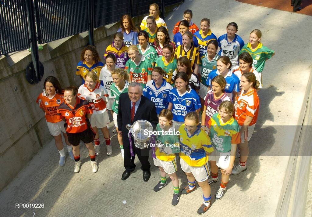 11 July 2005; An Taoiseach, Bertie Ahern TD, with players from the 32 counties at the launch of the 2005 TG4 All-Ireland Ladies Football Championship. Croke Park, Dublin. Picture credit; Damien Eagers / SPORTSFILE