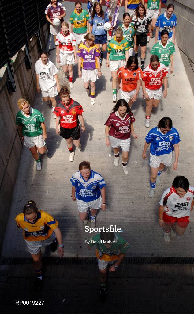 11 July 2005; Players from all various counties during a photocall at the launch of the 2005 TG4 All-Ireland Ladies Football Championship. Croke Park, Dublin. Picture credit; David Maher / SPORTSFILE
