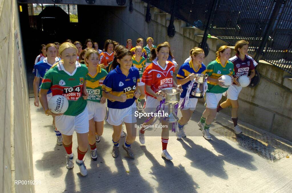 11 July 2005; Players from all 32 counties including front row, from left to right, Linda Connolly, Mayo, Jenny Kelly O'Neill, Carlow, Mairead Morrissey, Tipperary, Fiona Farrell, Cork, Sharon Treacy, Longford, Elaine Duffy, Meath and Aoibhean Daly, Galway at the launch of the 2005 TG4 All-Ireland Ladies Football Championship. Croke Park, Dublin. Picture credit; Damien Eagers / SPORTSFILE