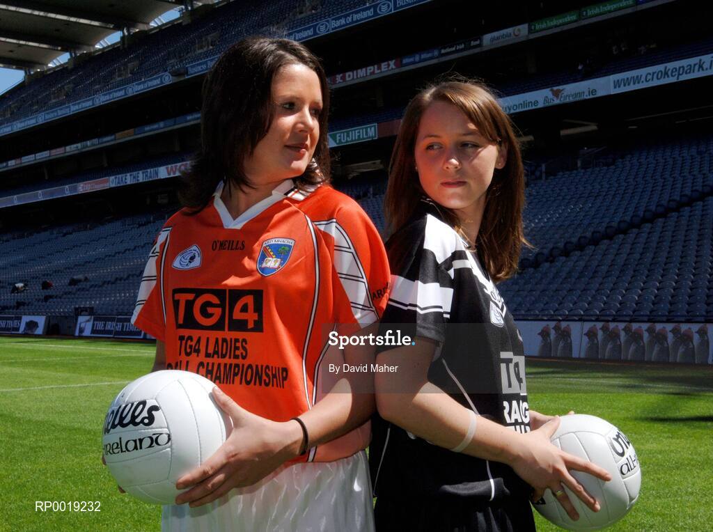 11 July 2005; Aileen Mathew, left, Armagh, with Louise Harte, Sligo, during a photocall at the launch of the 2005 TG4 All-Ireland Ladies Football Championship. Croke Park, Dublin. Picture credit; David Maher / SPORTSFILE