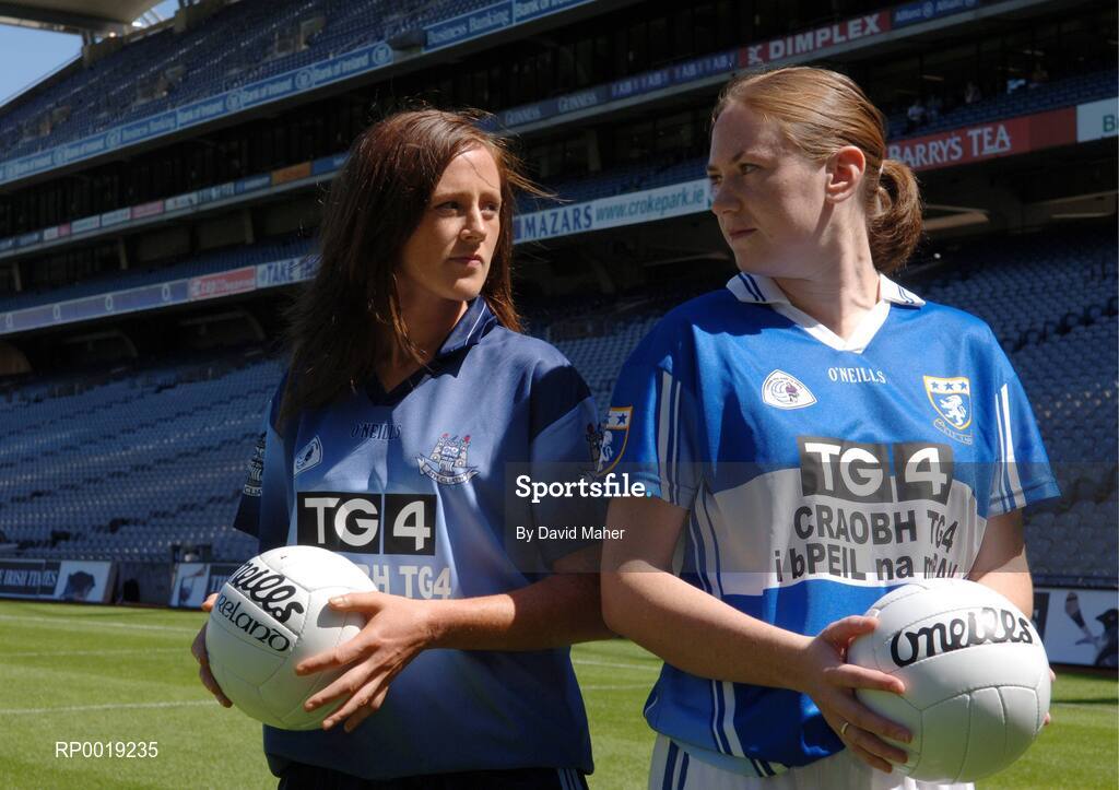 11 July 2005; Niamh McEvoy, left, Dublin, and Kathleen O'Reilly, Laoise, during a photocall at the launch of the 2005 TG4 All-Ireland Ladies Football Championship. Croke Park, Dublin. Picture credit; David Maher / SPORTSFILE