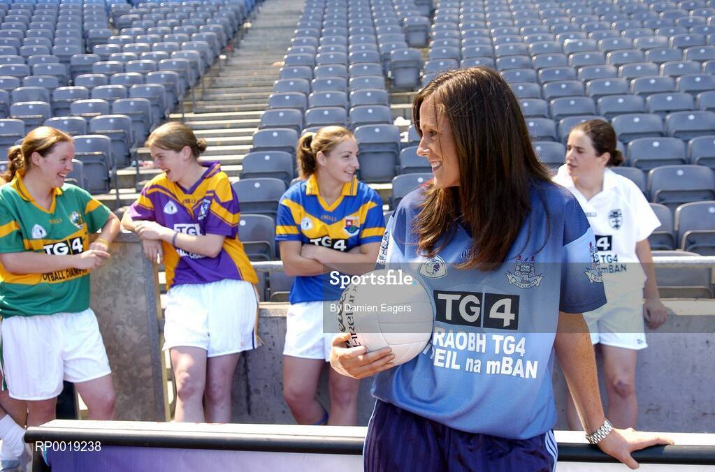 11 July 2005; Dublin's Niamh McEvoy with from left Kerry's Patrice Dennehy, Wexford's Caroline Murphy, Longford's Sharon Treacy and Kildare's Simone Gilabert at the launch of the 2005 TG4 All-Ireland Ladies Football Championship. Croke Park, Dublin. Picture credit; Damien Eagers / SPORTSFILE