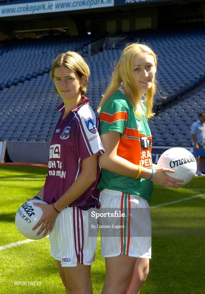 11 July 2005; Galway's Aoibhean Daly and Mayo's Linda Connelly at the launch of the 2005 TG4 All-Ireland Ladies Football Championship. Croke Park, Dublin. Picture credit; Damien Eagers / SPORTSFILE