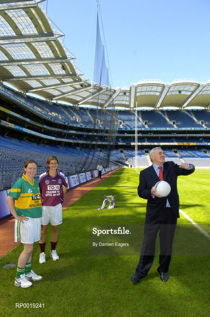11 July 2005; An Taoiseach, Bertie Ahern TD, with Kerry's Patrice Dennehy and Galway's Aoibhean Daly at the launch of the 2005 TG4 All-Ireland Ladies Football Championship. Croke Park, Dublin. Picture credit; Damien Eagers / SPORTSFILE