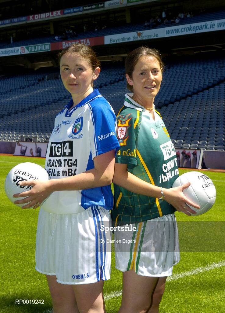 11 July 2005; Monaghan's Niamh Kindlon and Donegal's Nadine Doherty at the launch of the 2005 TG4 All-Ireland Ladies Football Championship. Croke Park, Dublin. Picture credit; Damien Eagers / SPORTSFILE