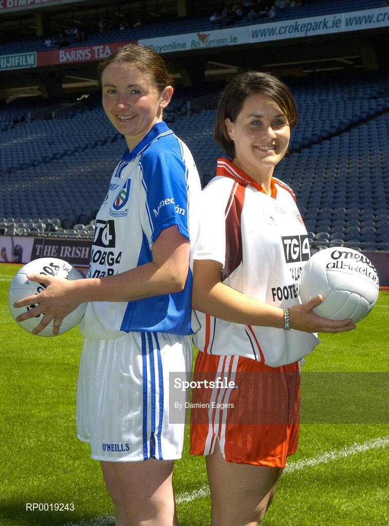 11 July 2005; Monaghan's Niamh Kindlon and Tyrone's Eilis Gormley at the launch of the 2005 TG4 All-Ireland Ladies Football Championship. Croke Park, Dublin. Picture credit; Damien Eagers / SPORTSFILE