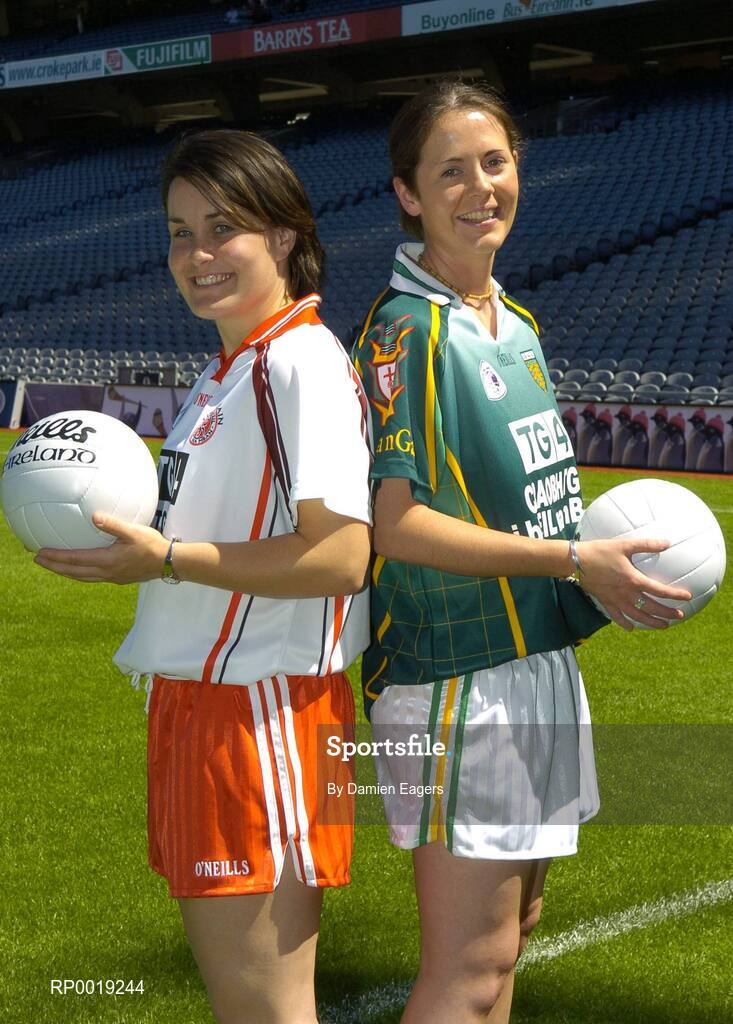 11 July 2005; Donegal's Nadine Doherty and Tyrone's Elis Gormley at the launch of the 2005 TG4 All-Ireland Ladies Football Championship. Croke Park, Dublin. Picture credit; Damien Eagers / SPORTSFILE