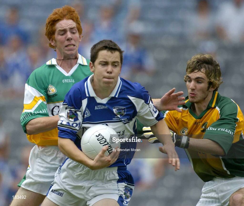17 July 2005; Ciaran Delaney, Laois, in action against Diarmuid Horan, left, and Dean Bracken, Offaly. Leinster Minor Football Championship Final, Offaly v Laois, Croke Park, Dublin. Picture credit; Brendan Moran / SPORTSFILE