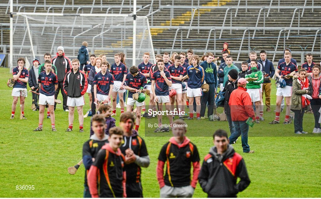 22 February 2014; Scoil na Trionoide Naofa players during the cup presenation to Ard Scoil Ris. Dr. Harty Cup Final, Scoil na Trionoide Naofa, Doon v Ard Scoil Ris, Limerick. Gaelic Grounds, Limerick. Picture credit: Diarmuid Greene / SPORTSFILE