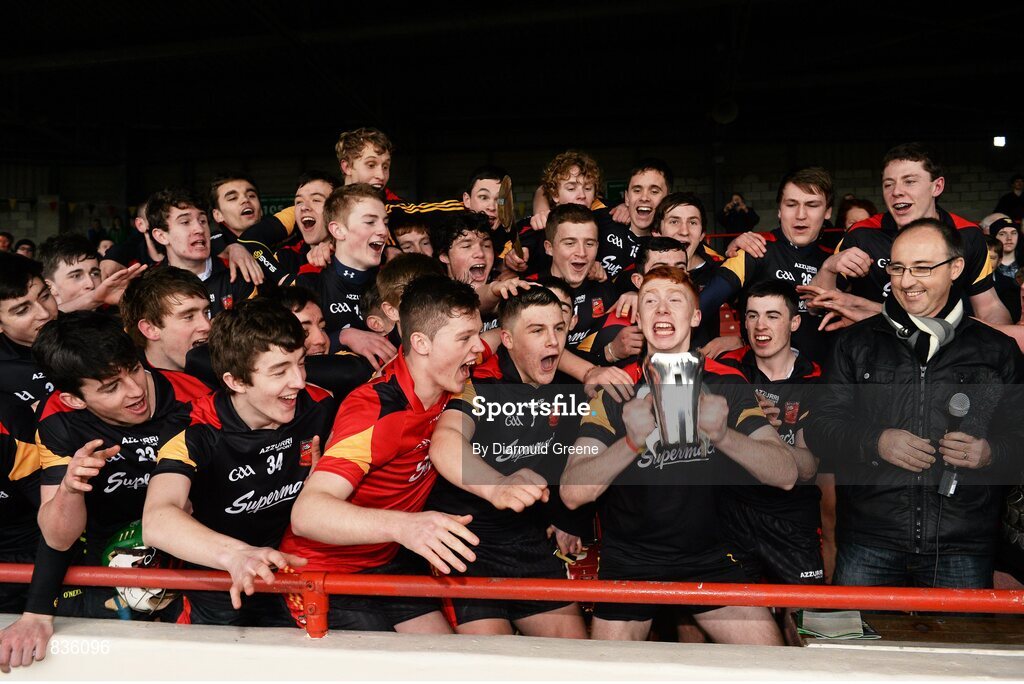 22 February 2014; Ard Scoil Ris captain Cian Lynch lifts the cup after victory over Scoil na Trionoide Naofa. Dr. Harty Cup Final, Scoil na Trionoide Naofa, Doon v Ard Scoil Ris, Limerick. Gaelic Grounds, Limerick. Picture credit: Diarmuid Greene / SPORTSFILE