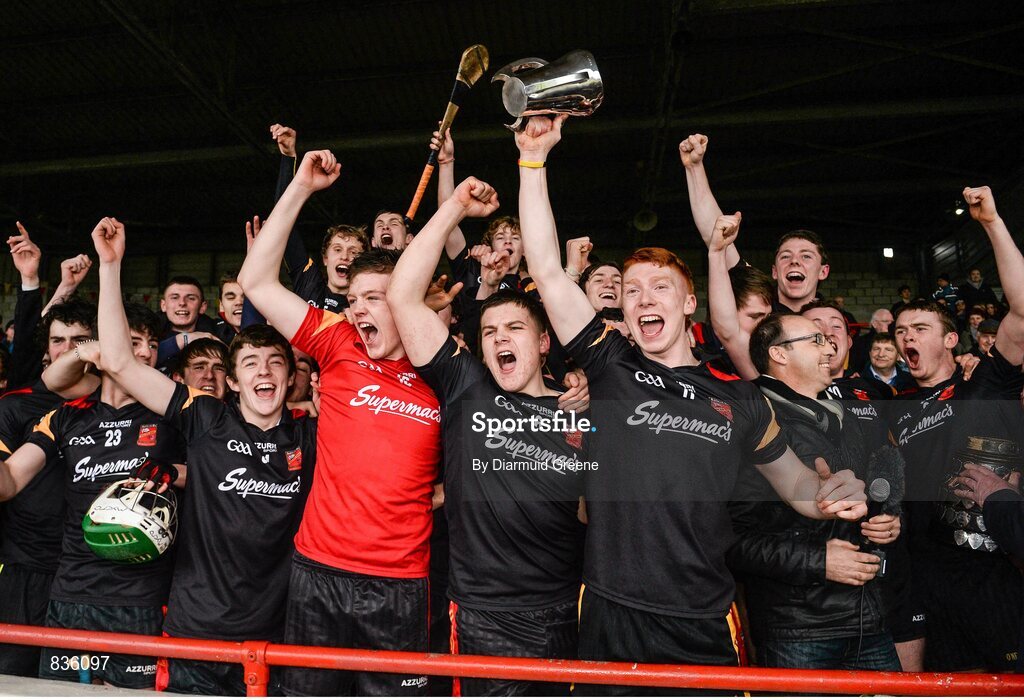 22 February 2014; Ard Scoil Ris captain Cian Lynch lifts the cup after victory over Scoil na Trionoide Naofa. Dr. Harty Cup Final, Scoil na Trionoide Naofa, Doon v Ard Scoil Ris, Limerick. Gaelic Grounds, Limerick. Picture credit: Diarmuid Greene / SPORTSFILE