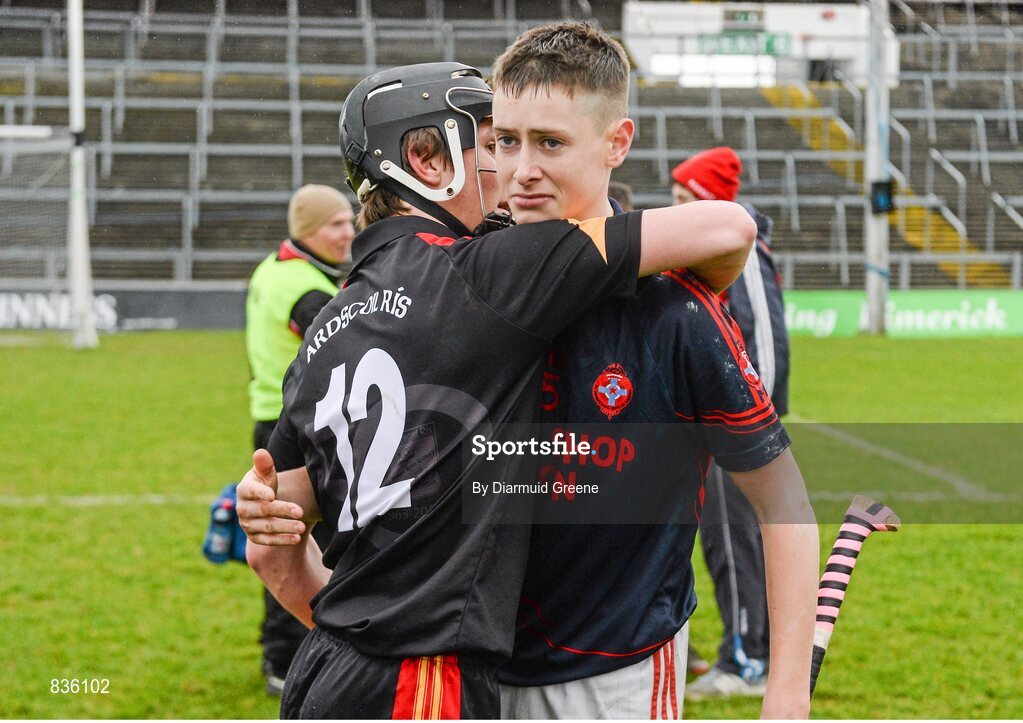 22 February 2014; Barry Murphy, Scoil na Trionoide Naofa, with Ian Galvin, Ard Scoil Ris, after the game. Dr. Harty Cup Final, Scoil na Trionoide Naofa, Doon v Ard Scoil Ris, Limerick. Gaelic Grounds, Limerick. Picture credit: Diarmuid Greene / SPORTSFILE