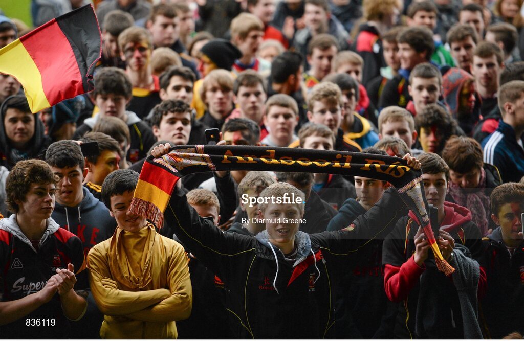 22 February 2014; Ard Scoil Ris supporters on the pitch after victory over Scoil na Trionoide Naofa. Dr. Harty Cup Final, Scoil na Trionoide Naofa, Doon v Ard Scoil Ris, Limerick. Gaelic Grounds, Limerick. Picture credit: Diarmuid Greene / SPORTSFILE
