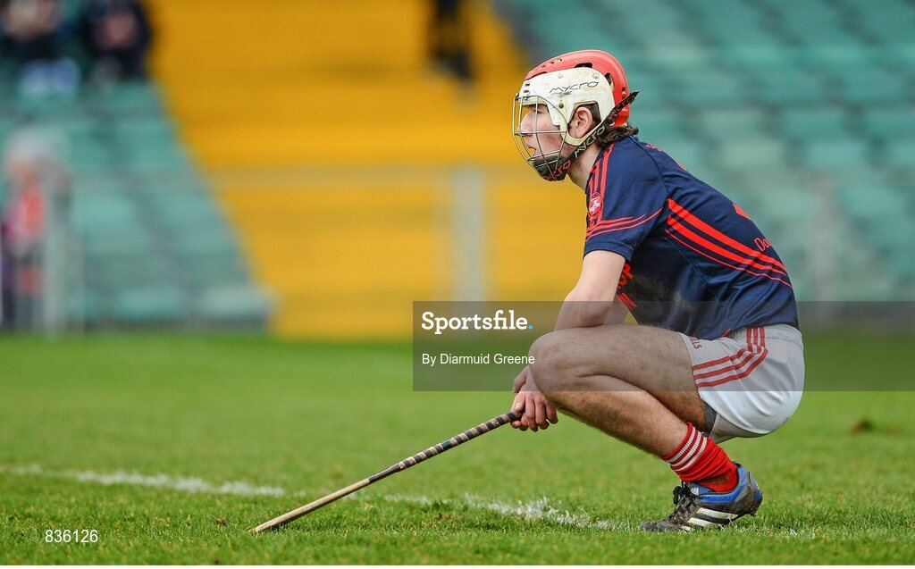 22 February 2014; Thomas Hayes, Scoil na Trionoide Naofa, reacts after his side conceded their second goal. Dr. Harty Cup Final, Scoil na Trionoide Naofa, Doon v Ard Scoil Ris, Limerick. Gaelic Grounds, Limerick. Picture credit: Diarmuid Greene / SPORTSFILE