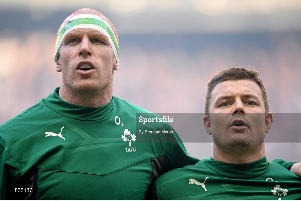 22 February 2014; Ireland's Brian O'Driscoll, right, who equalled George Gregan's world-record 139 caps, and captain Paul O'Connell during the National Anthem. RBS Six Nations Rugby Championship, England v Ireland, Twickenham Stadium, Twickenham, London, England. Picture credit: Brendan Moran / SPORTSFILE