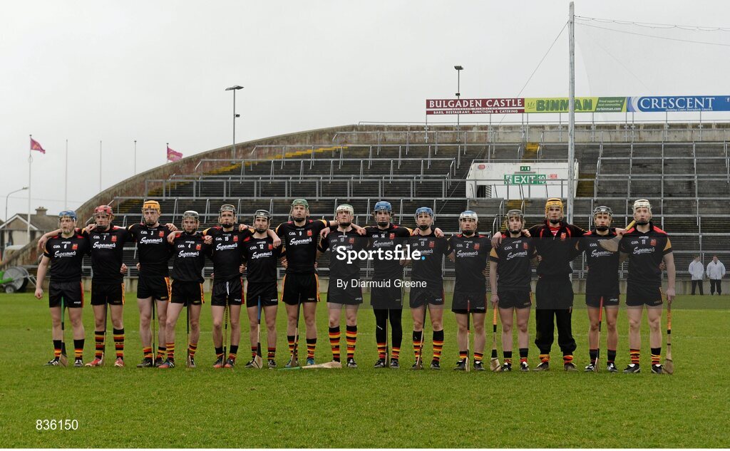 22 February 2014; The Ardscoil Ris team stand together during the playing of the national anthem. Dr. Harty Cup Final, Scoil na Trionoide Naofa, Doon v Ard Scoil Ris, Limerick. Gaelic Grounds, Limerick. Picture credit: Diarmuid Greene / SPORTSFILE