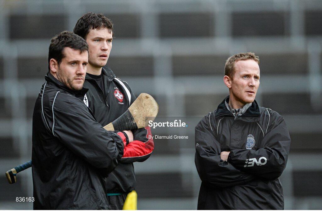 22 February 2014; The Scoil na Trionoide Naofa management team of Diarmuid Carr, left, Diarmuid McCarthy, centre, and Justin Daly. Dr. Harty Cup Final, Scoil na Trionoide Naofa, Doon v Ard Scoil Ris, Limerick. Gaelic Grounds, Limerick. Picture credit: Diarmuid Greene / SPORTSFILE