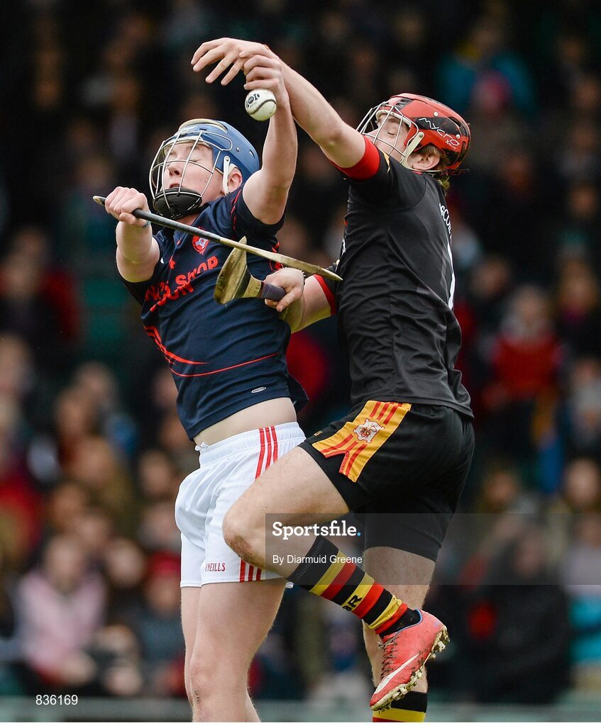 22 February 2014; David Buckley, Scoil na Trionoide Naofa, in action against Jack English, Ard Scoil Ris. Dr. Harty Cup Final, Scoil na Trionoide Naofa, Doon v Ard Scoil Ris, Limerick. Gaelic Grounds, Limerick. Picture credit: Diarmuid Greene / SPORTSFILE