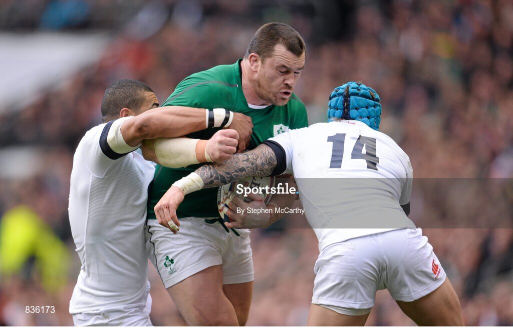 22 February 2014; Cian Healy, Ireland, is tackled by Luther Burrell, left, and Jack Nowell, England. RBS Six Nations Rugby Championship, England v Ireland, Twickenham Stadium, Twickenham, London, England. Picture credit: Stephen McCarthy / SPORTSFILE